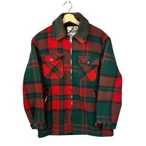 Woolrich Plaid Wool Jacket Men's Medium Red Green Leather Collar Lumberjack Work
